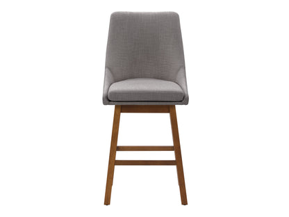 Light grey modern bar stools with cushioned seats, sleek metal legs, and footrests. Ideal for contemporary kitchens or bars, these stools feature a minimalist design and durable fabric upholstery.