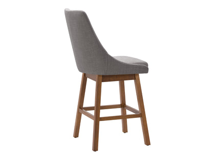 Light grey modern bar stools with cushioned seats, sleek metal legs, and footrests. Ideal for contemporary kitchens or bars, these stools feature a minimalist design and durable fabric upholstery.