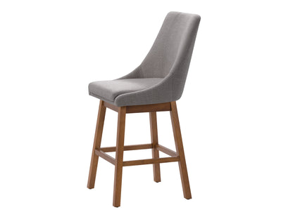 Light grey modern bar stools with cushioned seats, sleek metal legs, and footrests. Ideal for contemporary kitchens or bars, these stools feature a minimalist design and durable fabric upholstery.