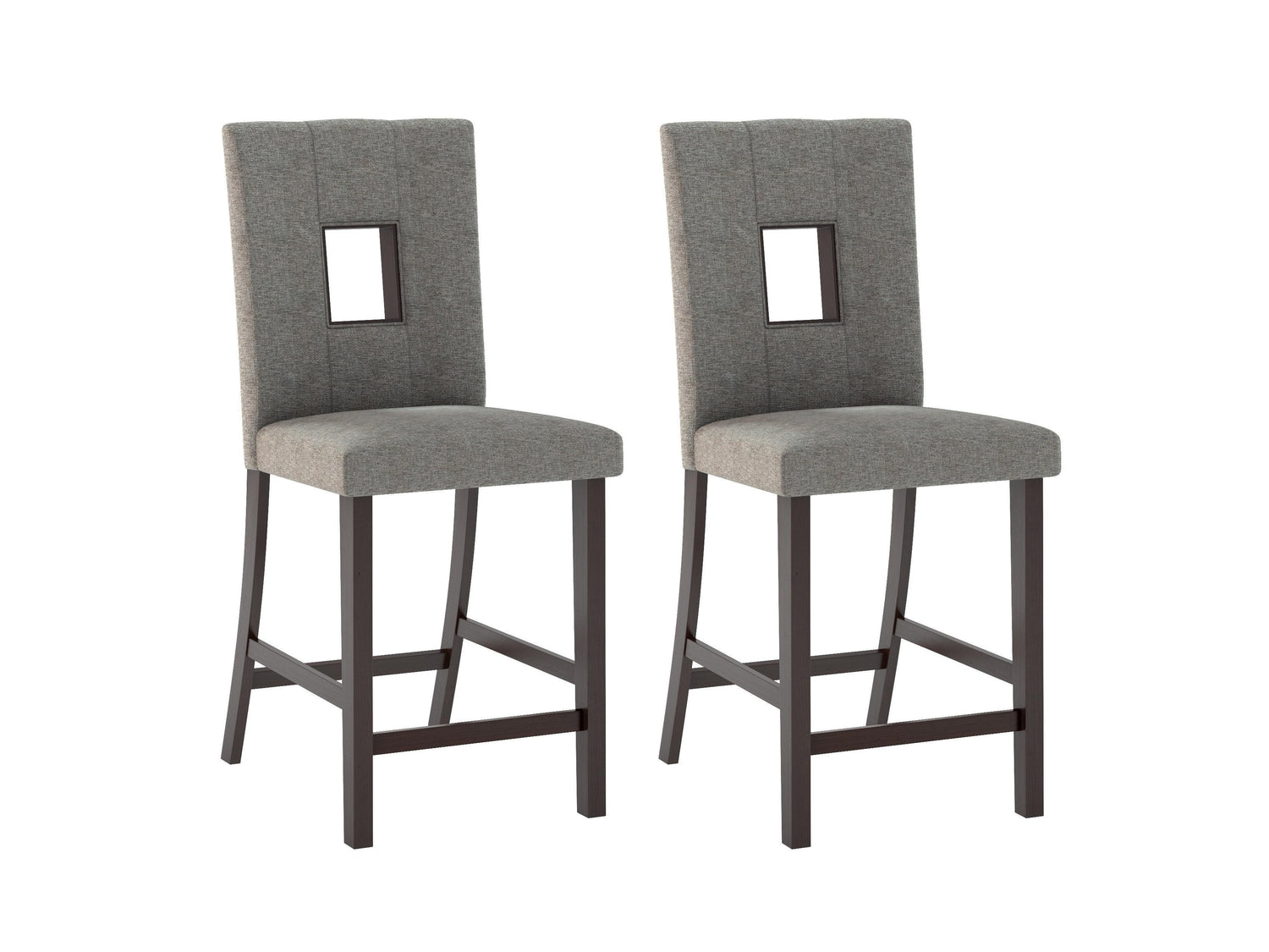 Gray upholstered counter height dining chairs with tufted backs, wooden legs, and footrests, set of 2.