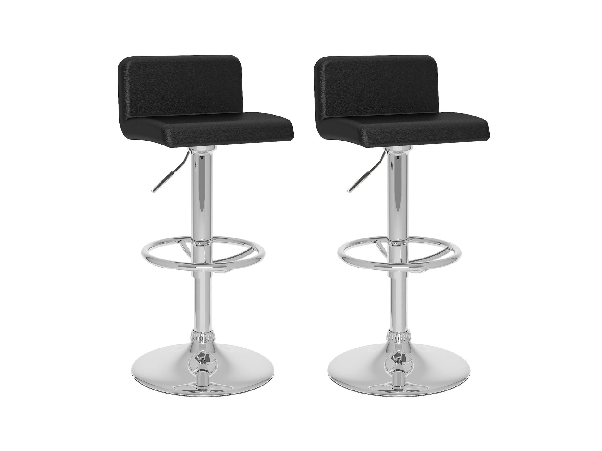 Black low back bar stools, set of 2, featuring sleek metal legs, cushioned seats with faux leather upholstery, and a minimalist design perfect for modern kitchen islands or home bars.