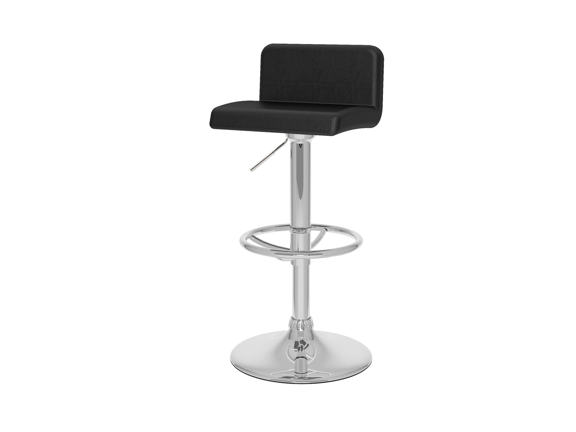 Black low back bar stools, set of 2, featuring sleek metal legs, cushioned seats with faux leather upholstery, and a minimalist design perfect for modern kitchen islands or home bars.