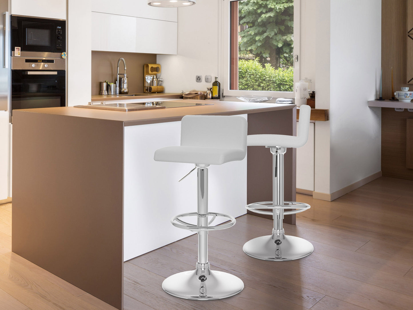 Set of 2 low back bar stools in white with sleek metal legs, upholstered seats, and minimalist design. Perfect for modern kitchens and home bars.