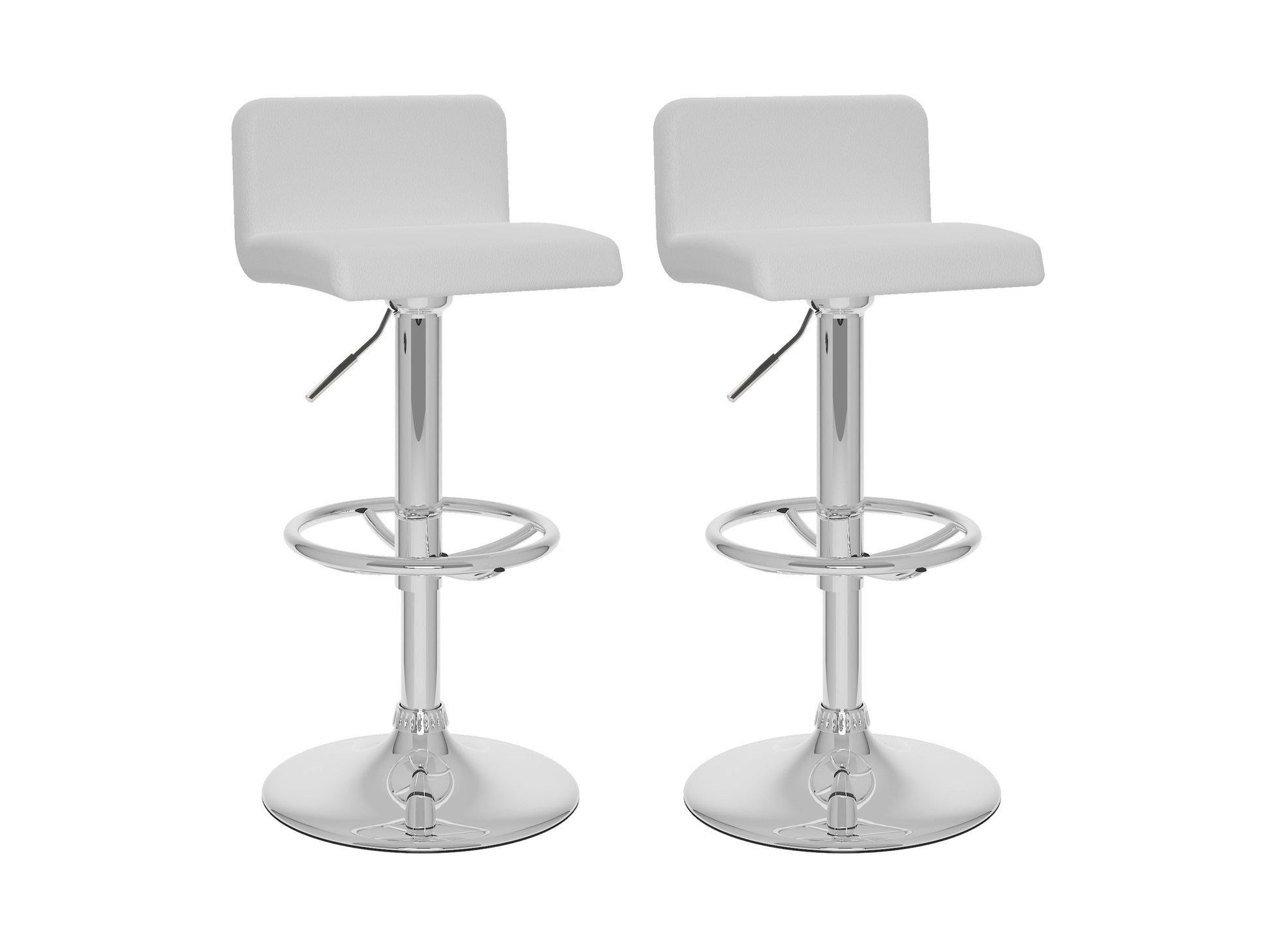 Set of 2 low back bar stools in white with sleek metal legs, upholstered seats, and minimalist design. Perfect for modern kitchens and home bars.