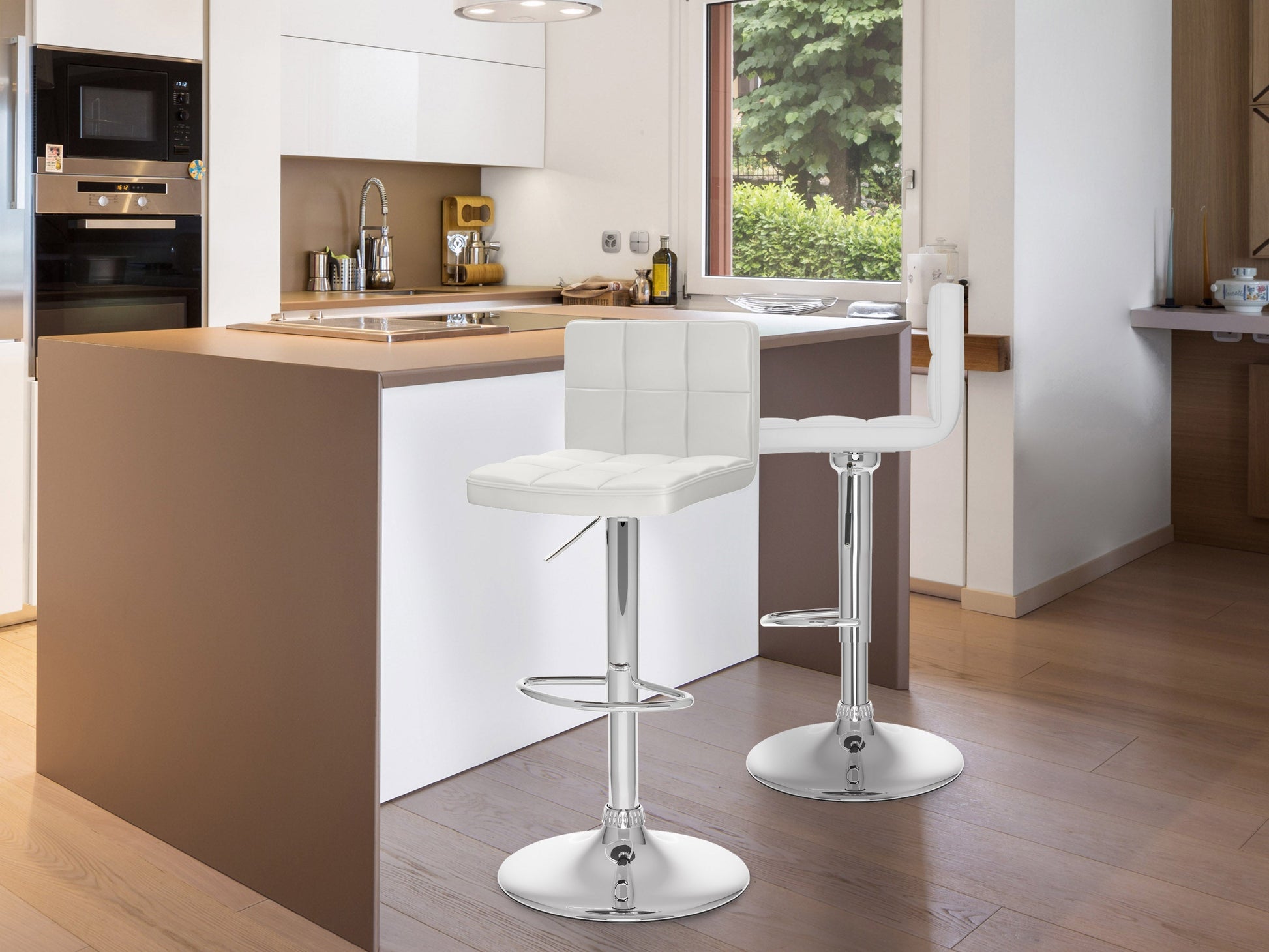 White swivel bar stools set of 2 with cushioned seats, chrome-finished footrests, and adjustable height, featuring sleek modern design and durable materials perfect for kitchen islands or home bars.