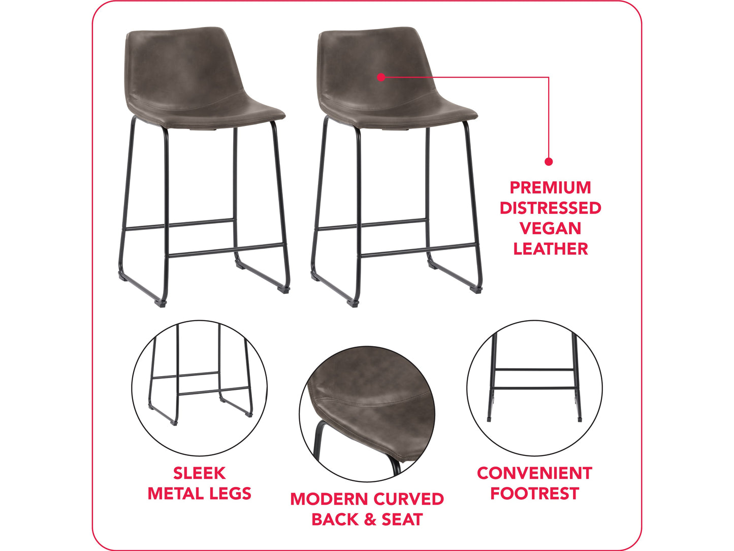 Set of 2 grey metal bar stools with cushioned seats, sleek backrests, and sturdy footrests; perfect for modern kitchens or home bars.