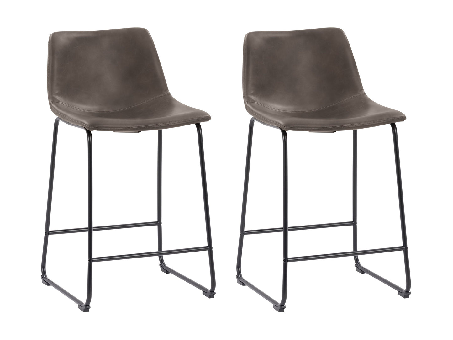 Set of 2 grey metal bar stools with cushioned seats, sleek backrests, and sturdy footrests; perfect for modern kitchens or home bars.