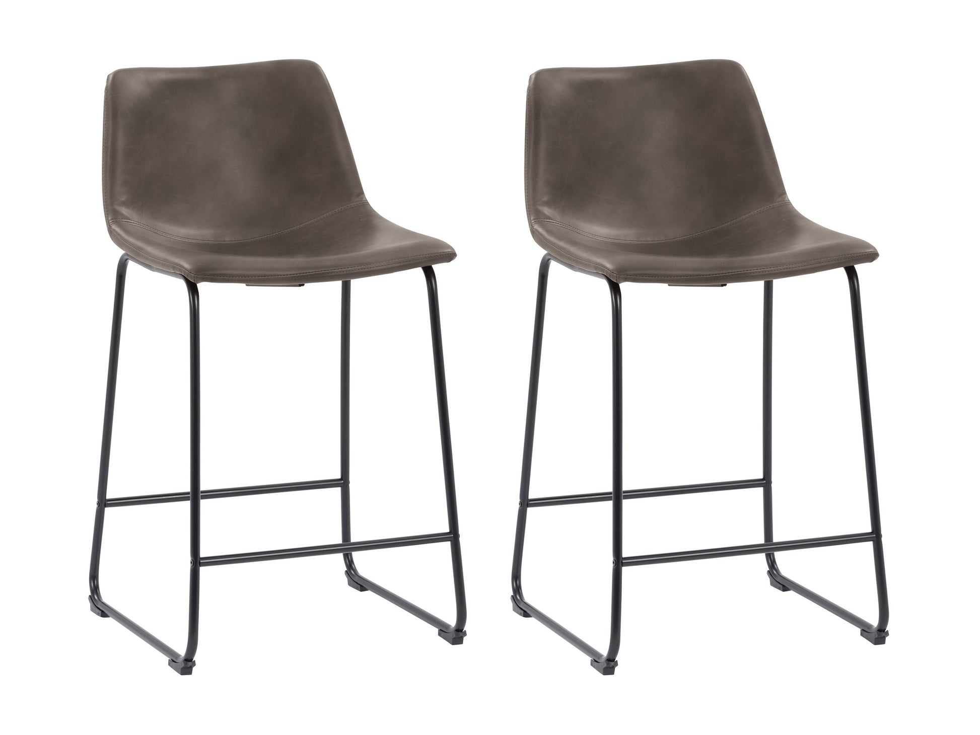 Set of 2 grey metal bar stools with cushioned seats, sleek backrests, and sturdy footrests; perfect for modern kitchens or home bars.