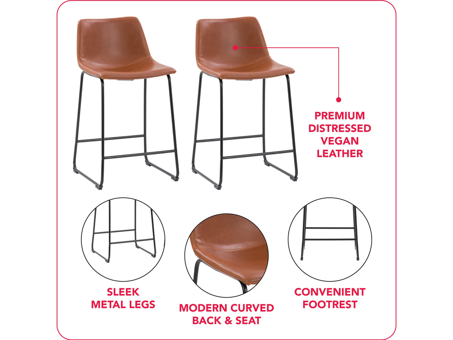 Brown metal bar stools set of 2 with cushioned seats, sleek black frames, and footrests. Ideal for kitchen islands or bar counters, these stools combine modern design with comfort and durability.