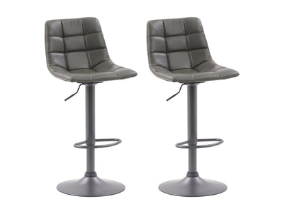 Set of 2 grey swivel bar stools with padded seats, metal frames, and footrests. The stools feature a modern design with a sleek finish, ideal for kitchen islands or home bars.