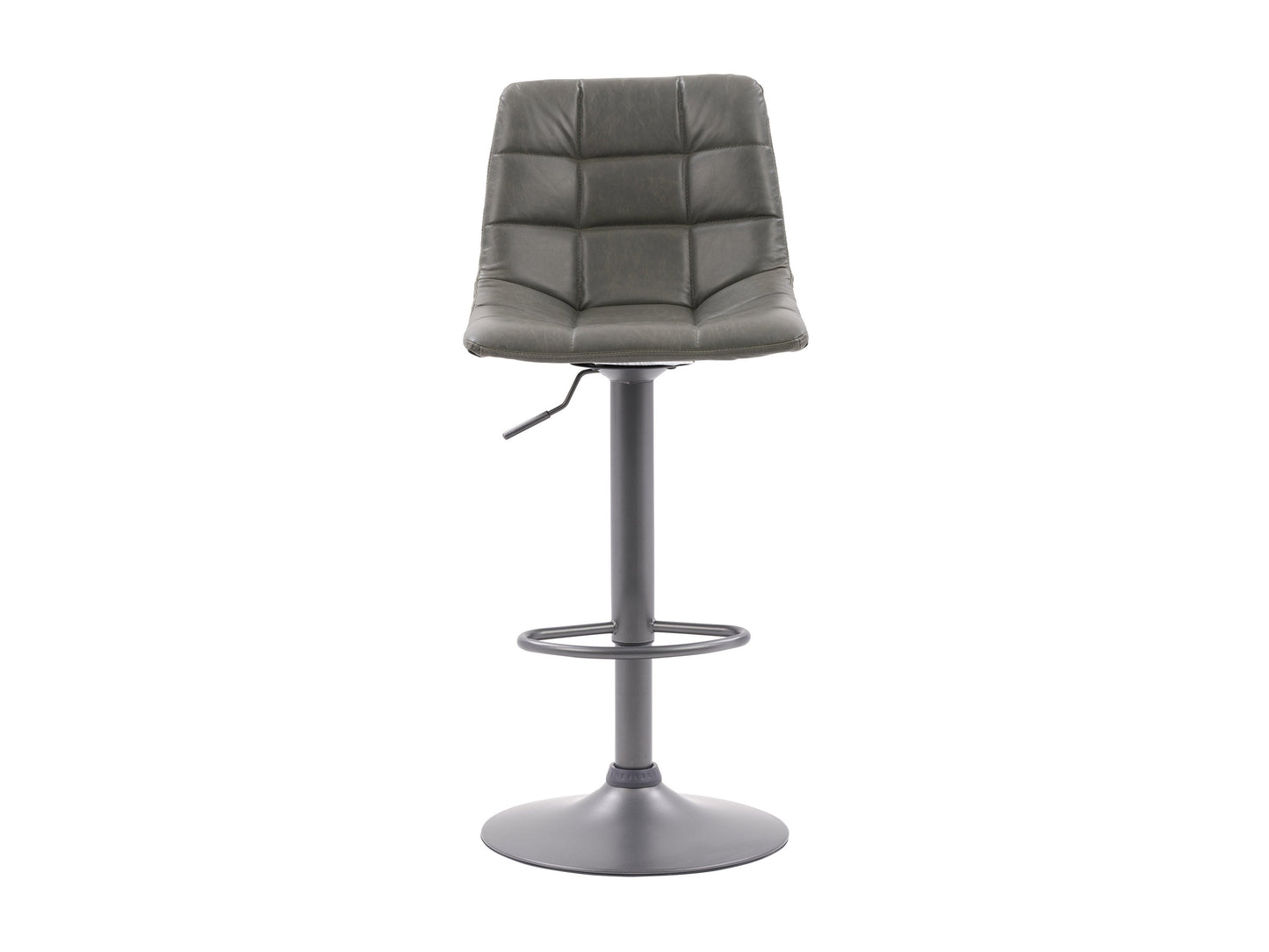 Set of 2 grey swivel bar stools with padded seats, metal frames, and footrests. The stools feature a modern design with a sleek finish, ideal for kitchen islands or home bars.