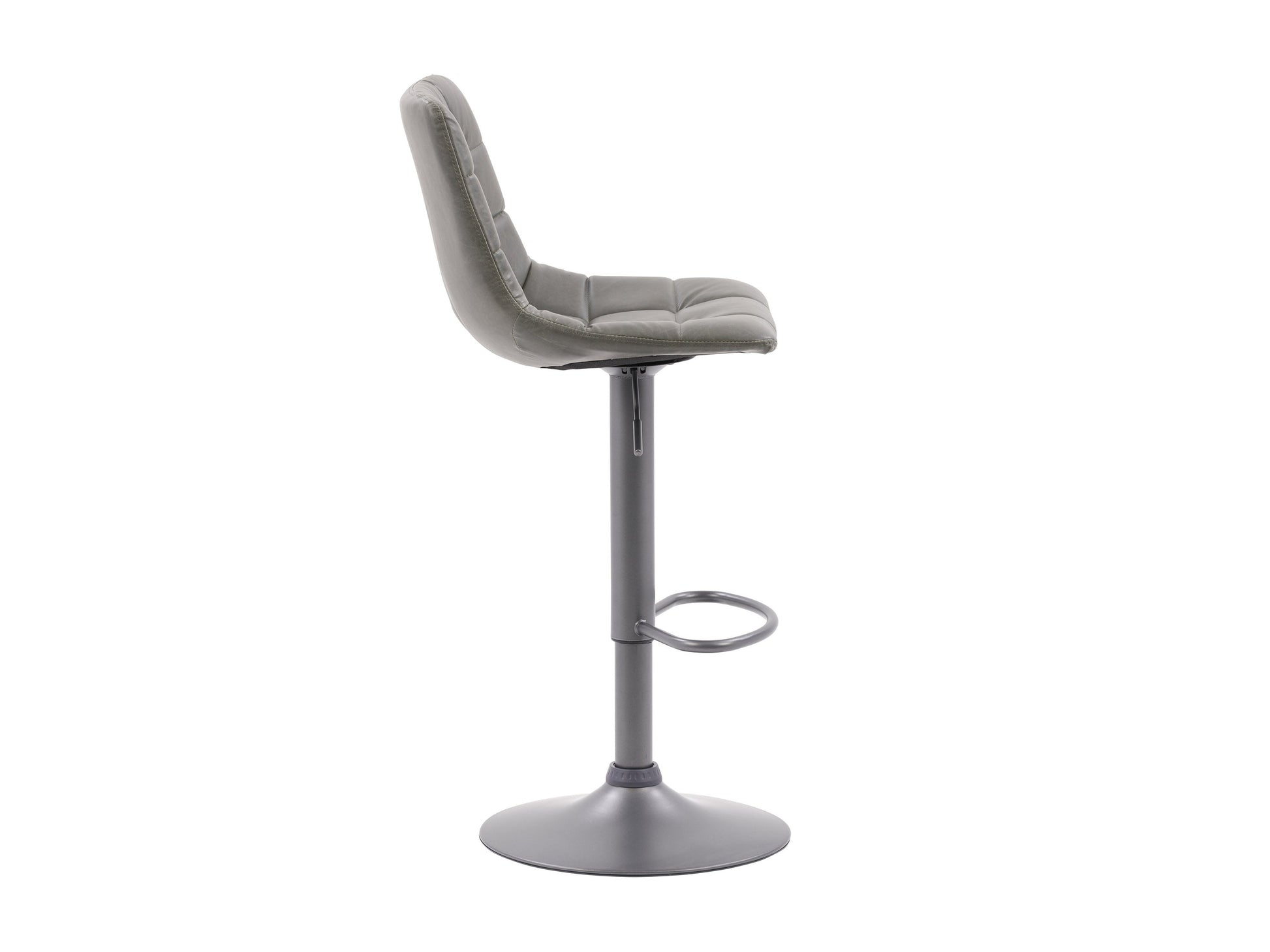 Set of 2 grey swivel bar stools with padded seats, metal frames, and footrests. The stools feature a modern design with a sleek finish, ideal for kitchen islands or home bars.