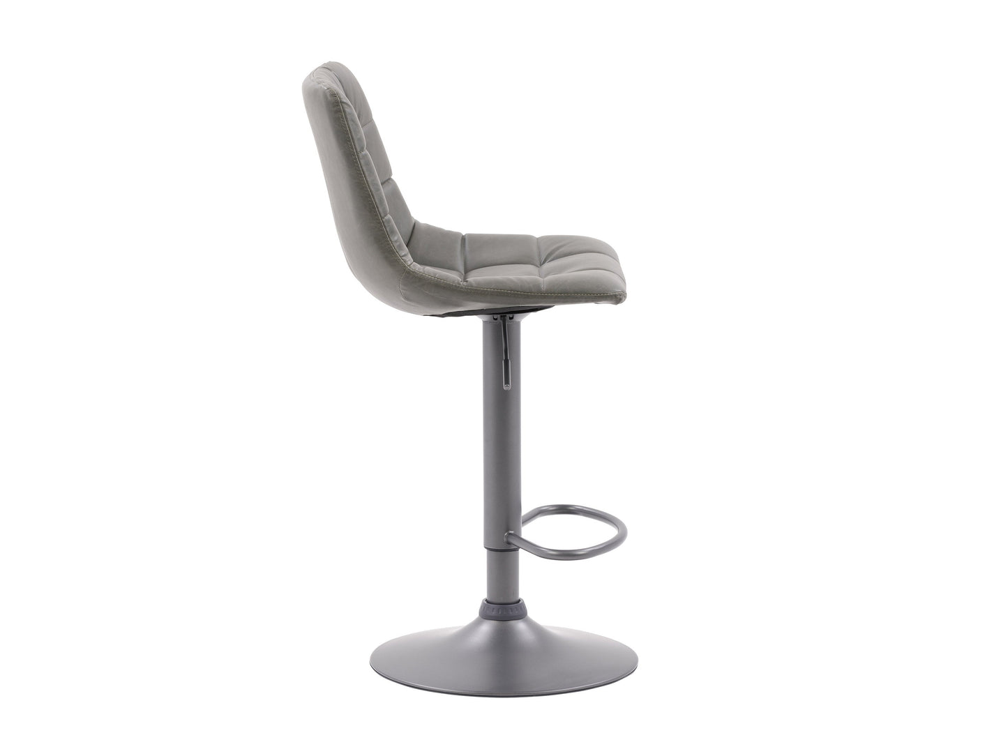 Set of 2 grey swivel bar stools with padded seats, metal frames, and footrests. The stools feature a modern design with a sleek finish, ideal for kitchen islands or home bars.