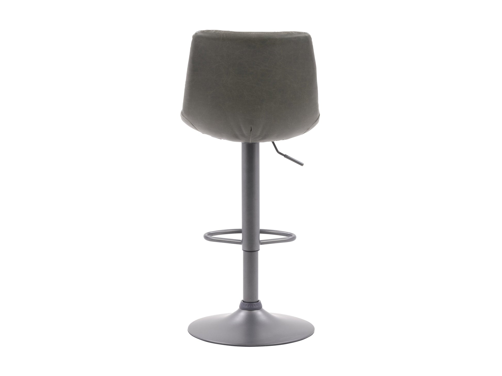 Set of 2 grey swivel bar stools with padded seats, metal frames, and footrests. The stools feature a modern design with a sleek finish, ideal for kitchen islands or home bars.