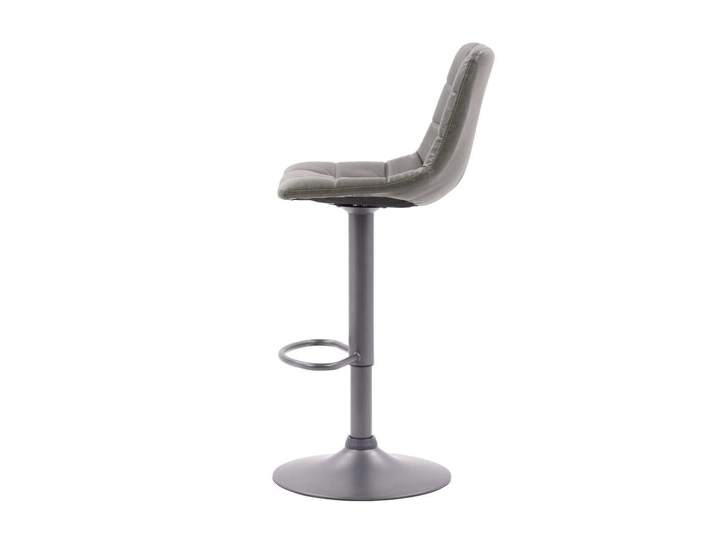 Set of 2 grey swivel bar stools with padded seats, metal frames, and footrests. The stools feature a modern design with a sleek finish, ideal for kitchen islands or home bars.