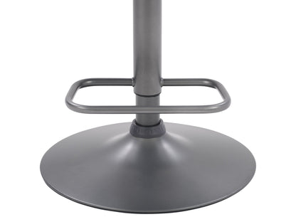 Set of 2 grey swivel bar stools with padded seats, metal frames, and footrests. The stools feature a modern design with a sleek finish, ideal for kitchen islands or home bars.