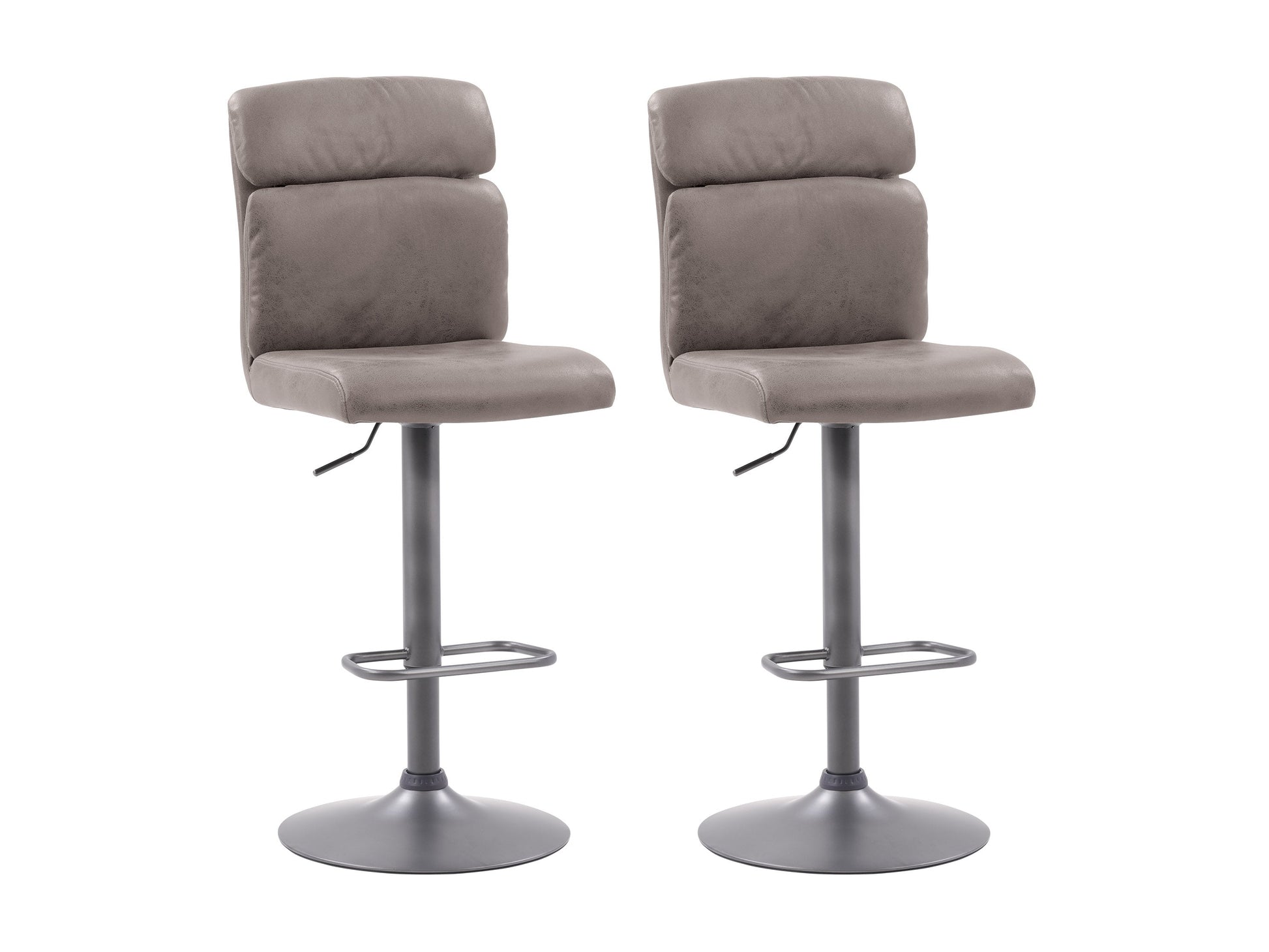 Set of 2 grey swivel bar stools with padded seats, metal frames, and footrests. The stools feature a modern design with a sleek finish, ideal for kitchen islands or home bars.