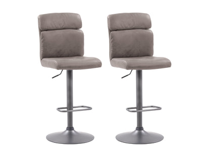 Set of 2 grey swivel bar stools with padded seats, metal frames, and footrests. The stools feature a modern design with a sleek finish, ideal for kitchen islands or home bars.