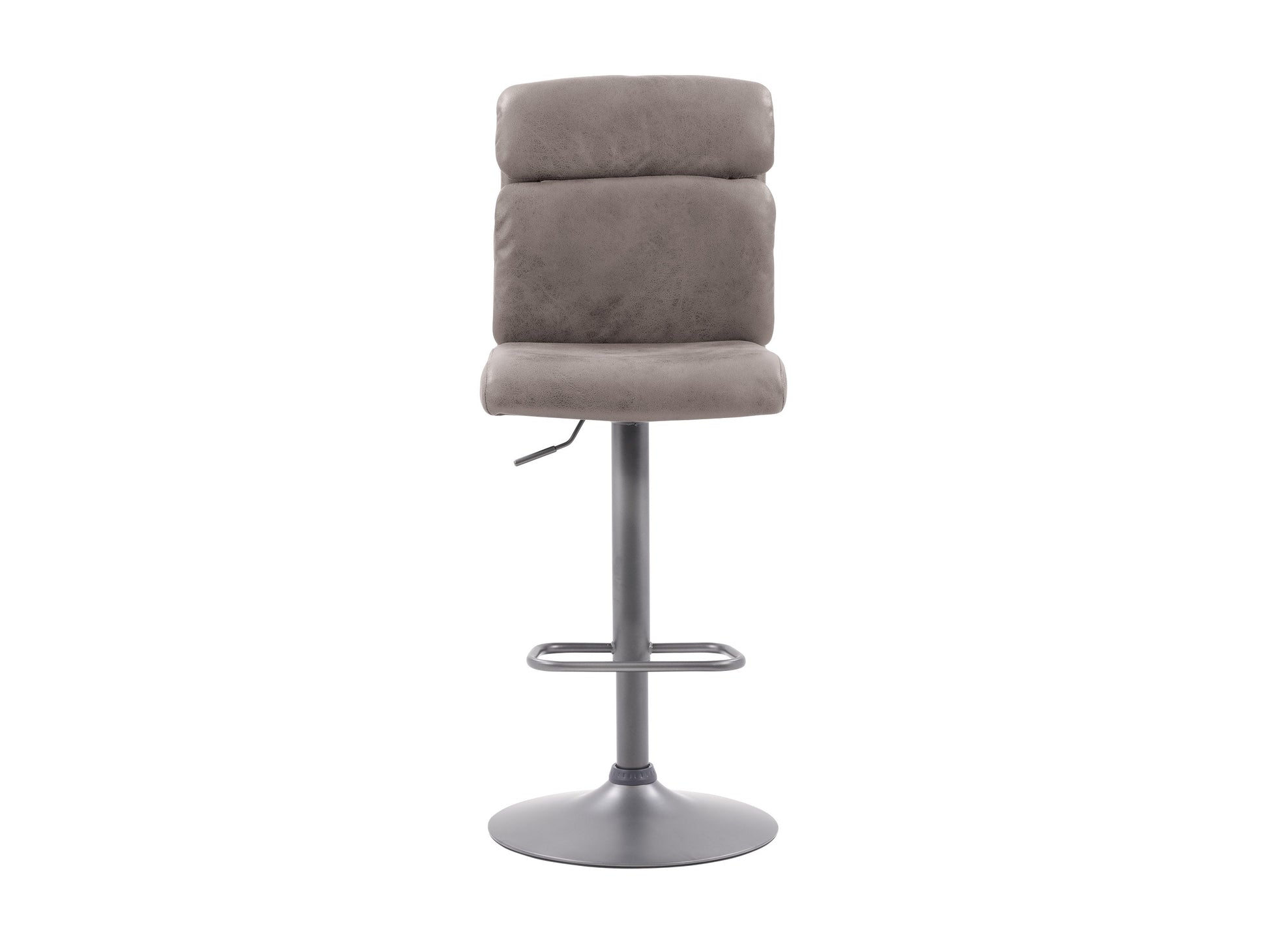 Set of 2 grey swivel bar stools with padded seats, metal frames, and footrests. The stools feature a modern design with a sleek finish, ideal for kitchen islands or home bars.