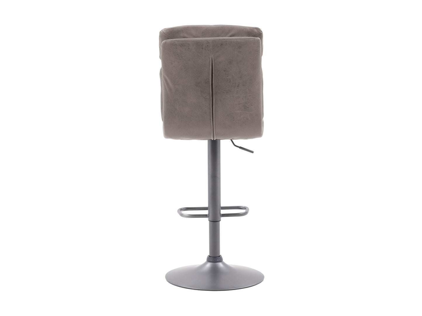 Set of 2 grey swivel bar stools with padded seats, metal frames, and footrests. The stools feature a modern design with a sleek finish, ideal for kitchen islands or home bars.