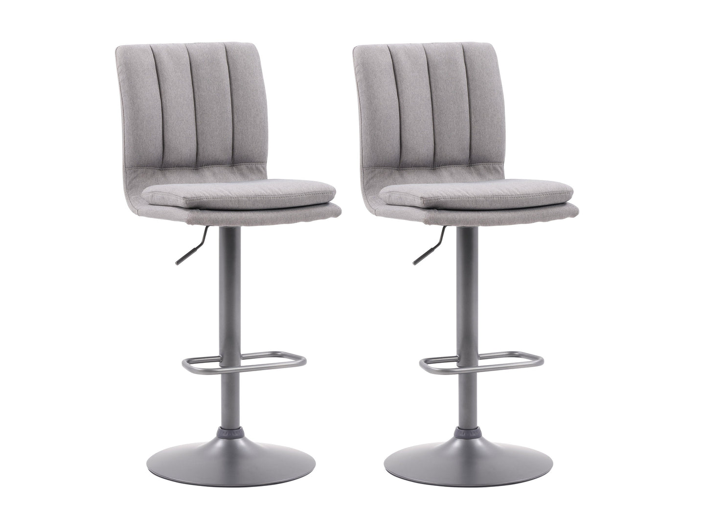 Set of 2 grey swivel bar stools with padded seats, metal frames, and footrests. The stools feature a modern design with a sleek finish, ideal for kitchen islands or home bars.