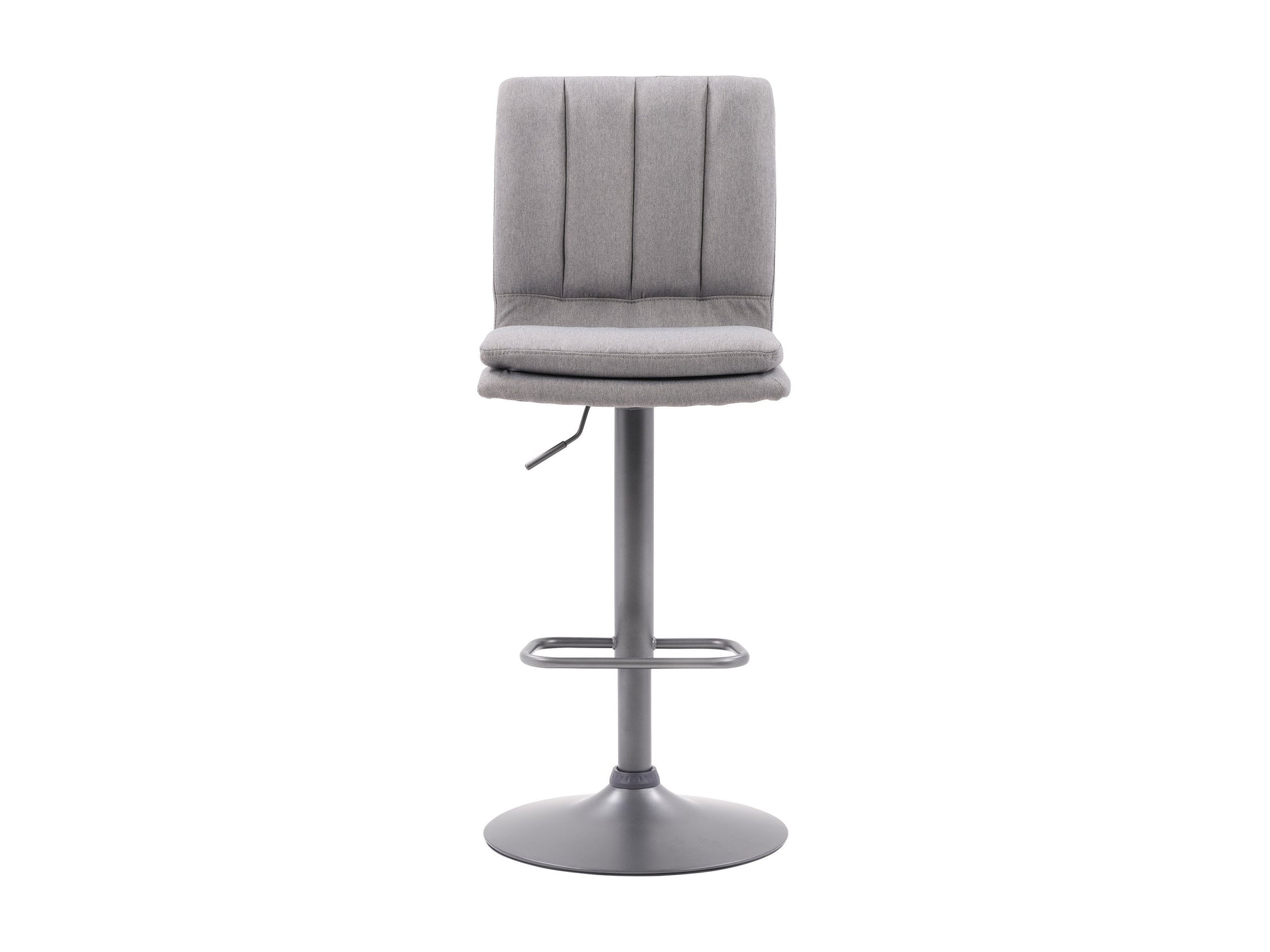 Set of 2 grey swivel bar stools with padded seats, metal frames, and footrests. The stools feature a modern design with a sleek finish, ideal for kitchen islands or home bars.