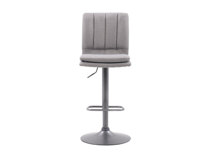 Set of 2 grey swivel bar stools with padded seats, metal frames, and footrests. The stools feature a modern design with a sleek finish, ideal for kitchen islands or home bars.