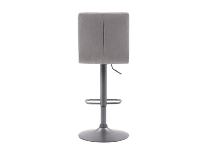 Set of 2 grey swivel bar stools with padded seats, metal frames, and footrests. The stools feature a modern design with a sleek finish, ideal for kitchen islands or home bars.