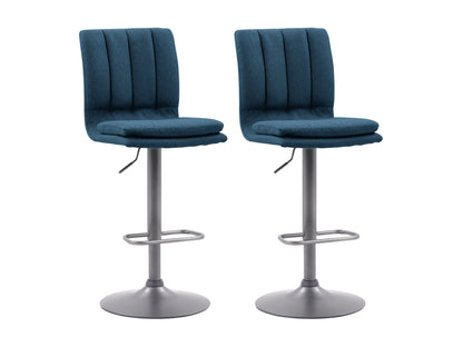 Blue swivel bar stools set of 2 with cushioned seats, metal frames, and footrests. Upholstered in soft blue fabric with a sleek, modern design perfect for kitchen islands or home bars.