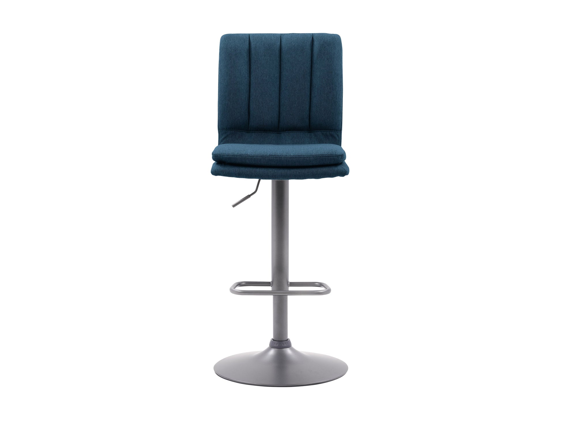 Blue swivel bar stools set of 2 with cushioned seats, metal frames, and footrests. Upholstered in soft blue fabric with a sleek, modern design perfect for kitchen islands or home bars.