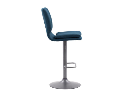 Blue swivel bar stools set of 2 with cushioned seats, metal frames, and footrests. Upholstered in soft blue fabric with a sleek, modern design perfect for kitchen islands or home bars.