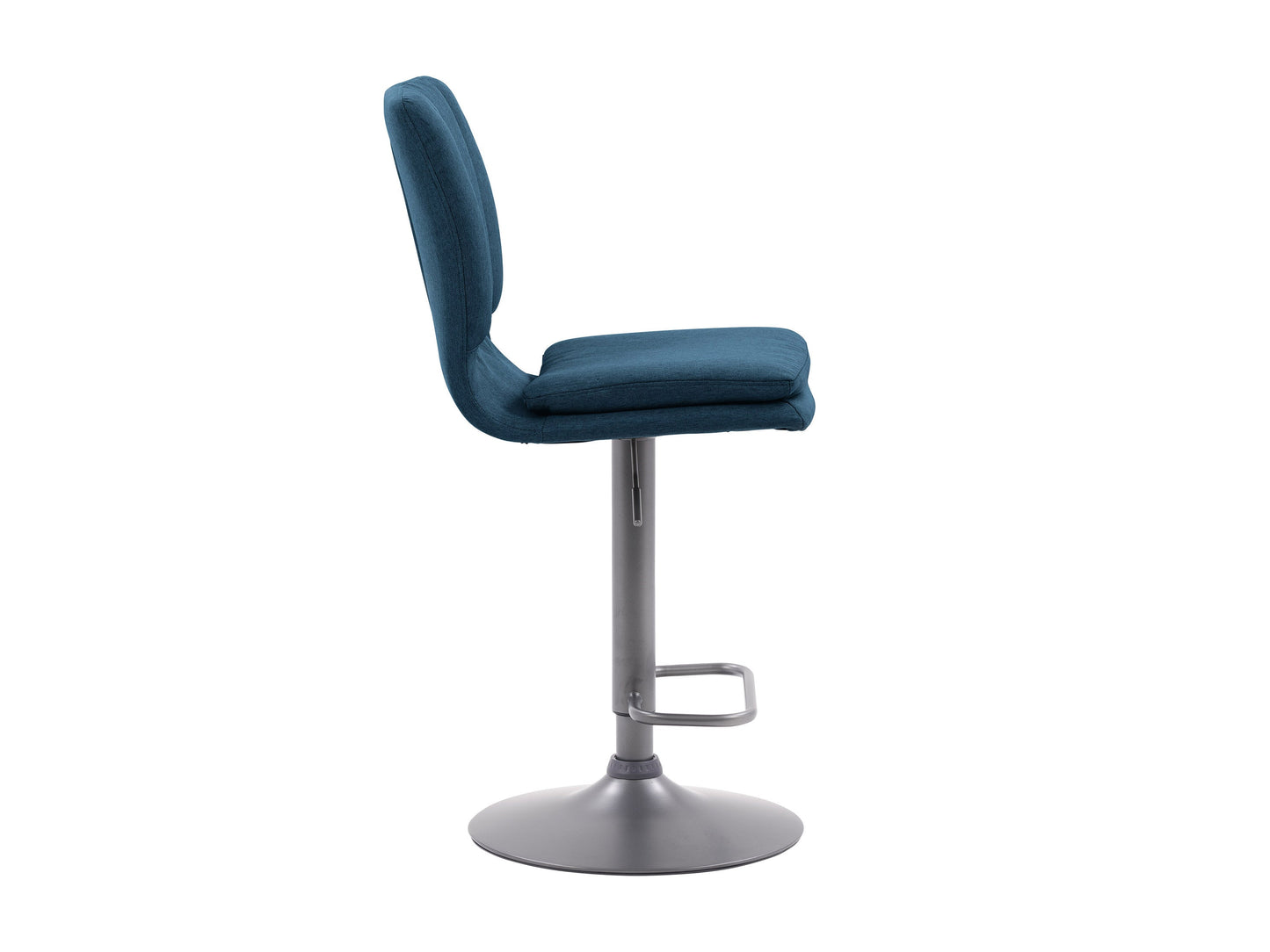 Blue swivel bar stools set of 2 with cushioned seats, metal frames, and footrests. Upholstered in soft blue fabric with a sleek, modern design perfect for kitchen islands or home bars.