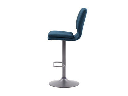 Blue swivel bar stools set of 2 with cushioned seats, metal frames, and footrests. Upholstered in soft blue fabric with a sleek, modern design perfect for kitchen islands or home bars.