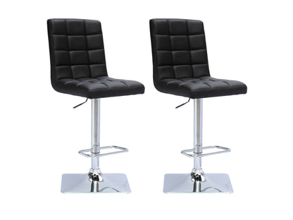 Set of 2 high back bar stools in black with sleek metal frames, cushioned seats, and footrests. Modern design with durable faux leather upholstery, ideal for kitchen islands or home bars.