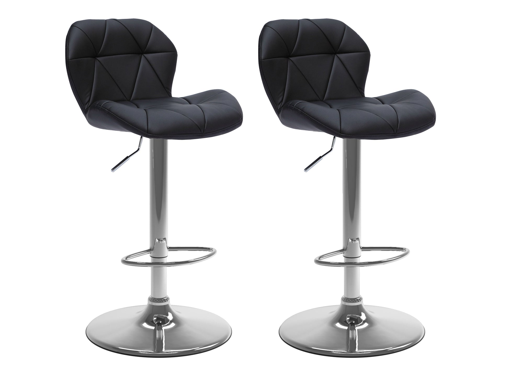 Black bar stools with backs, set of 2, featuring sleek metal frames, cushioned seats, and footrests. Perfect for modern kitchens or home bars.