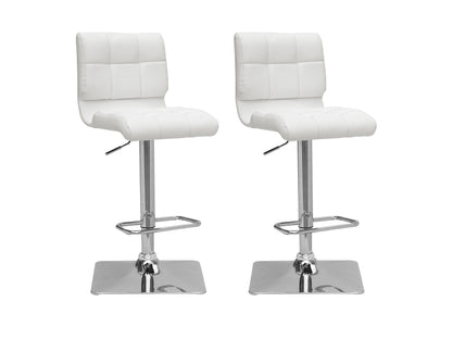 Set of 2 white tufted bar stools with soft fabric upholstery, wooden legs, and a comfortable, cushioned seat, perfect for modern kitchen islands or home bars.