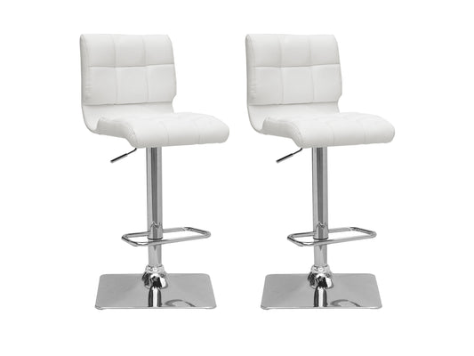 Set of 2 white tufted bar stools with soft fabric upholstery, wooden legs, and a comfortable, cushioned seat, perfect for modern kitchen islands or home bars.