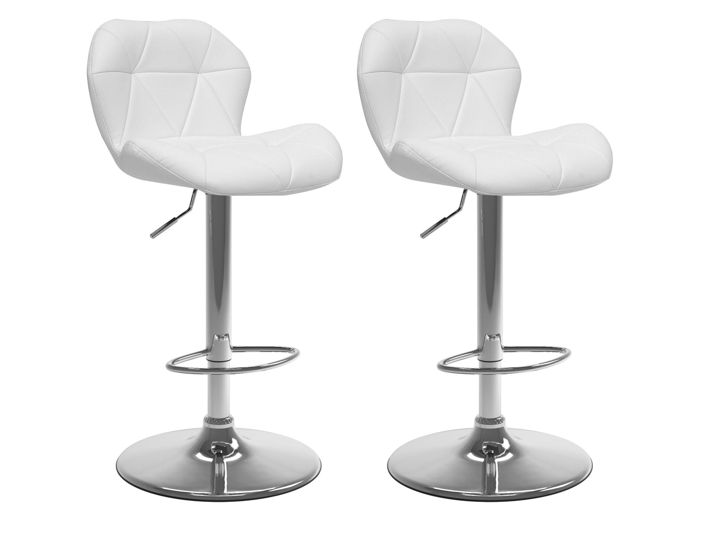 White bar stools with backs, set of 2, featuring sleek modern design, cushioned seats, chrome footrests, and sturdy wooden legs, perfect for kitchen islands or home bars.