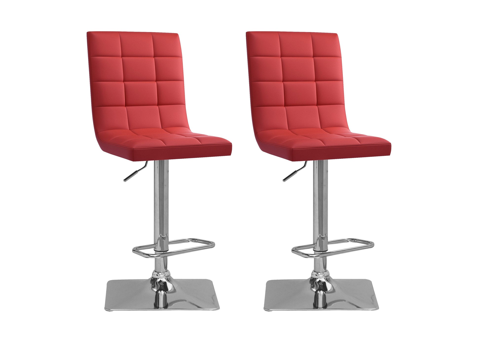 Red high back bar stools set of 2 with cushioned seats, sleek chrome legs, and footrests; perfect for modern kitchens or home bars.