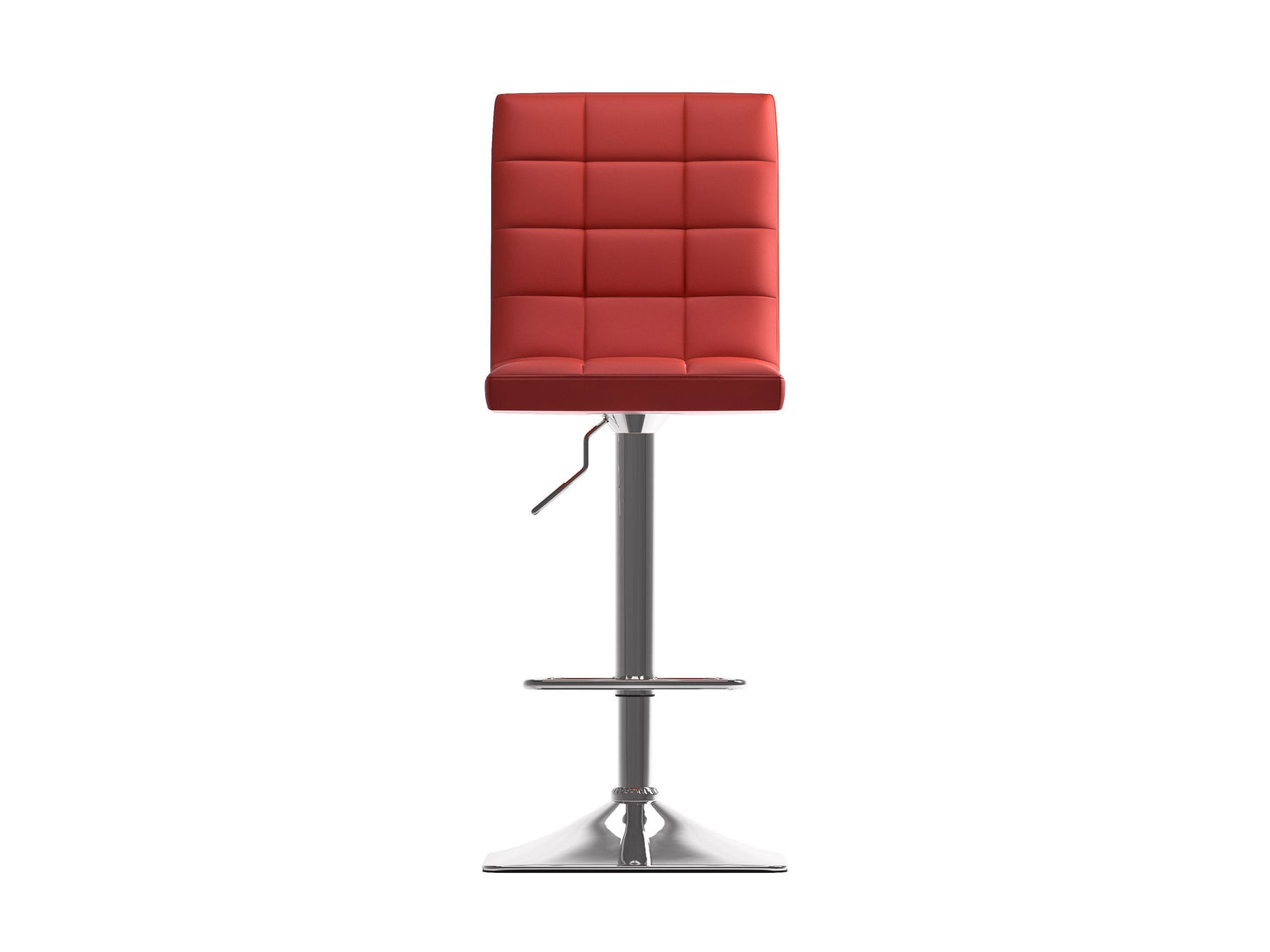 Red high back bar stools set of 2 with cushioned seats, sleek chrome legs, and footrests; perfect for modern kitchens or home bars.