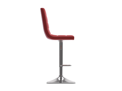 Red high back bar stools set of 2 with cushioned seats, sleek chrome legs, and footrests; perfect for modern kitchens or home bars.