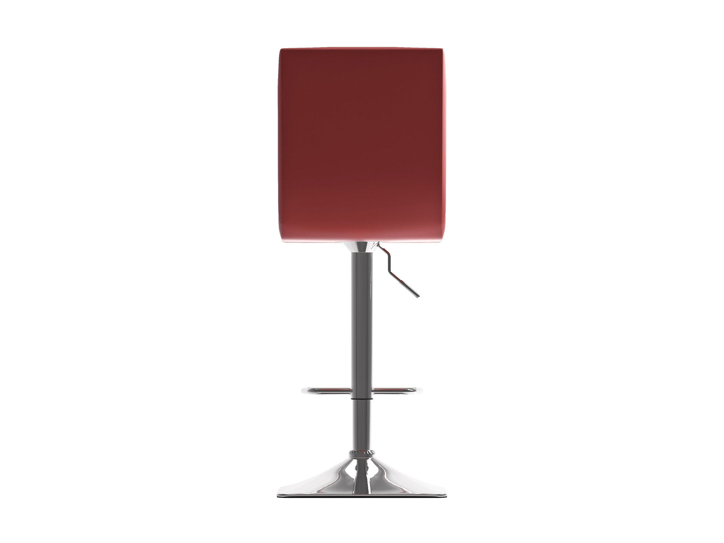 Red high back bar stools set of 2 with cushioned seats, sleek chrome legs, and footrests; perfect for modern kitchens or home bars.