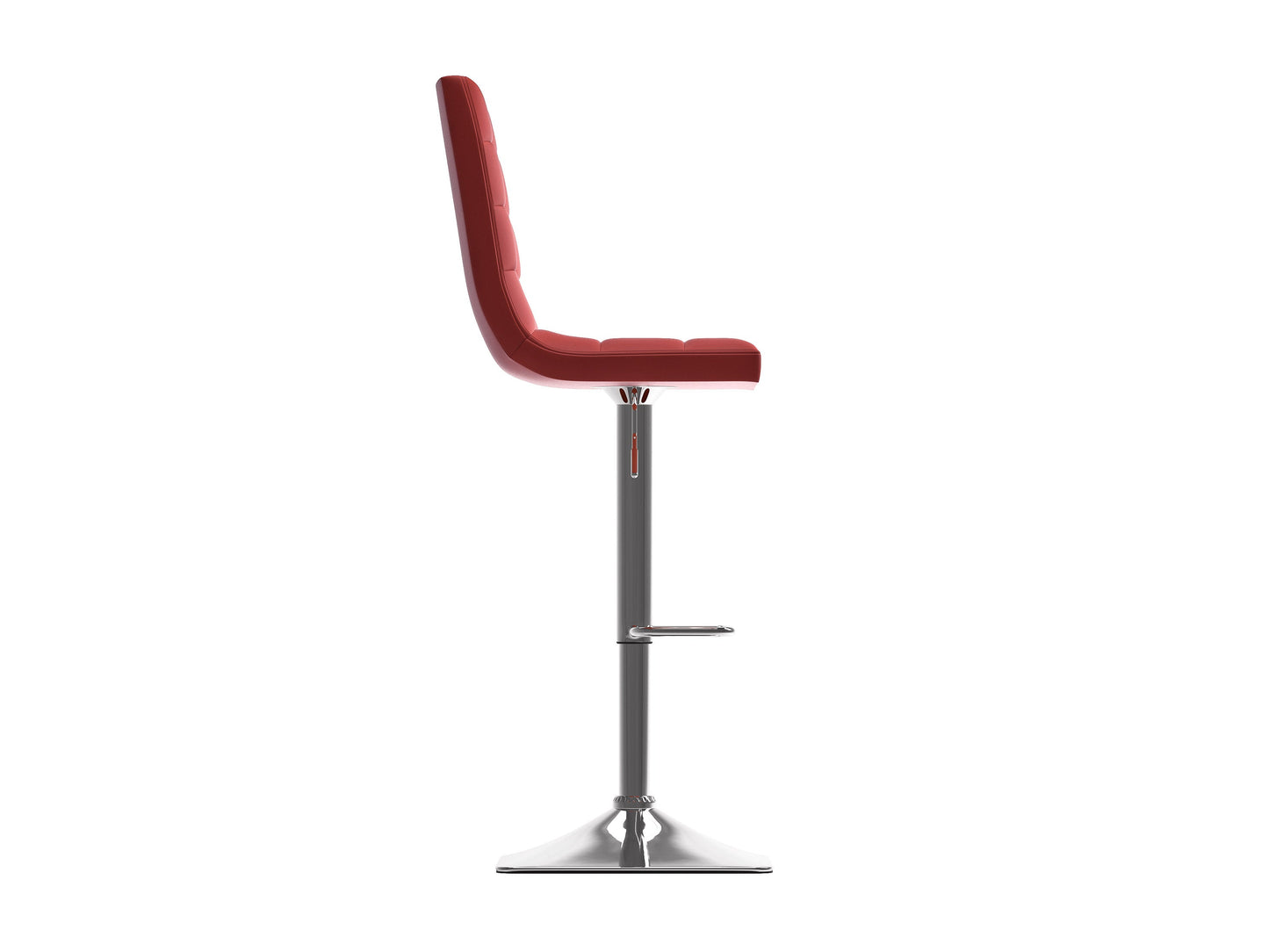 Red high back bar stools set of 2 with cushioned seats, sleek chrome legs, and footrests; perfect for modern kitchens or home bars.