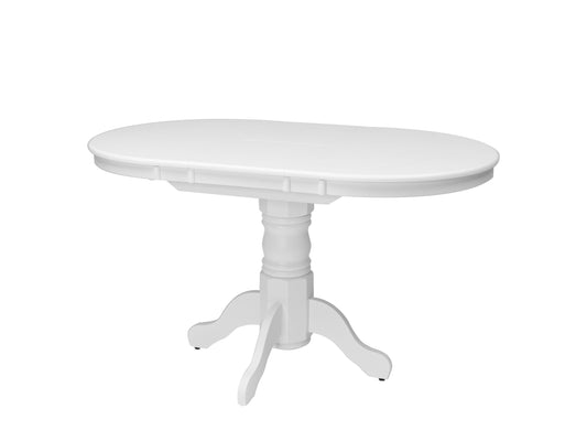 White extendable oval dining table with sleek, modern design, featuring a smooth white finish, sturdy wooden legs, and an easy-to-use extension mechanism for versatile dining space.