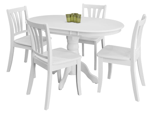 Alt Tag: White extendable oval dining table with four matching chairs, featuring sleek lines and a minimalist design, perfect for modern dining rooms.