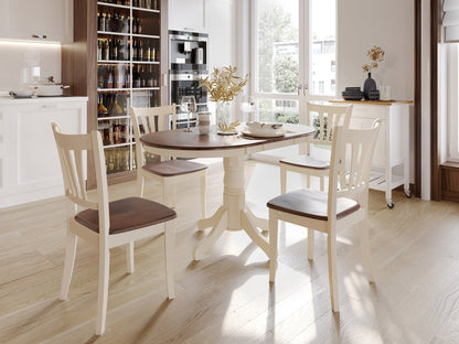 Dark brown oval extendable dining table with cream upholstered chairs, wooden legs, and smooth finish, perfect for modern dining rooms.