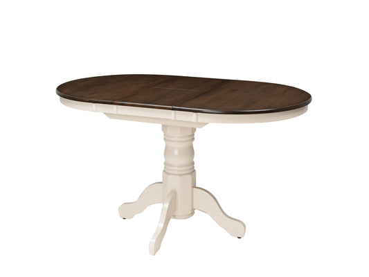 Extendable oval dining table with dark brown wood top and cream-colored legs, featuring a smooth finish and elegant design. Ideal for modern dining rooms, seats up to eight people comfortably.