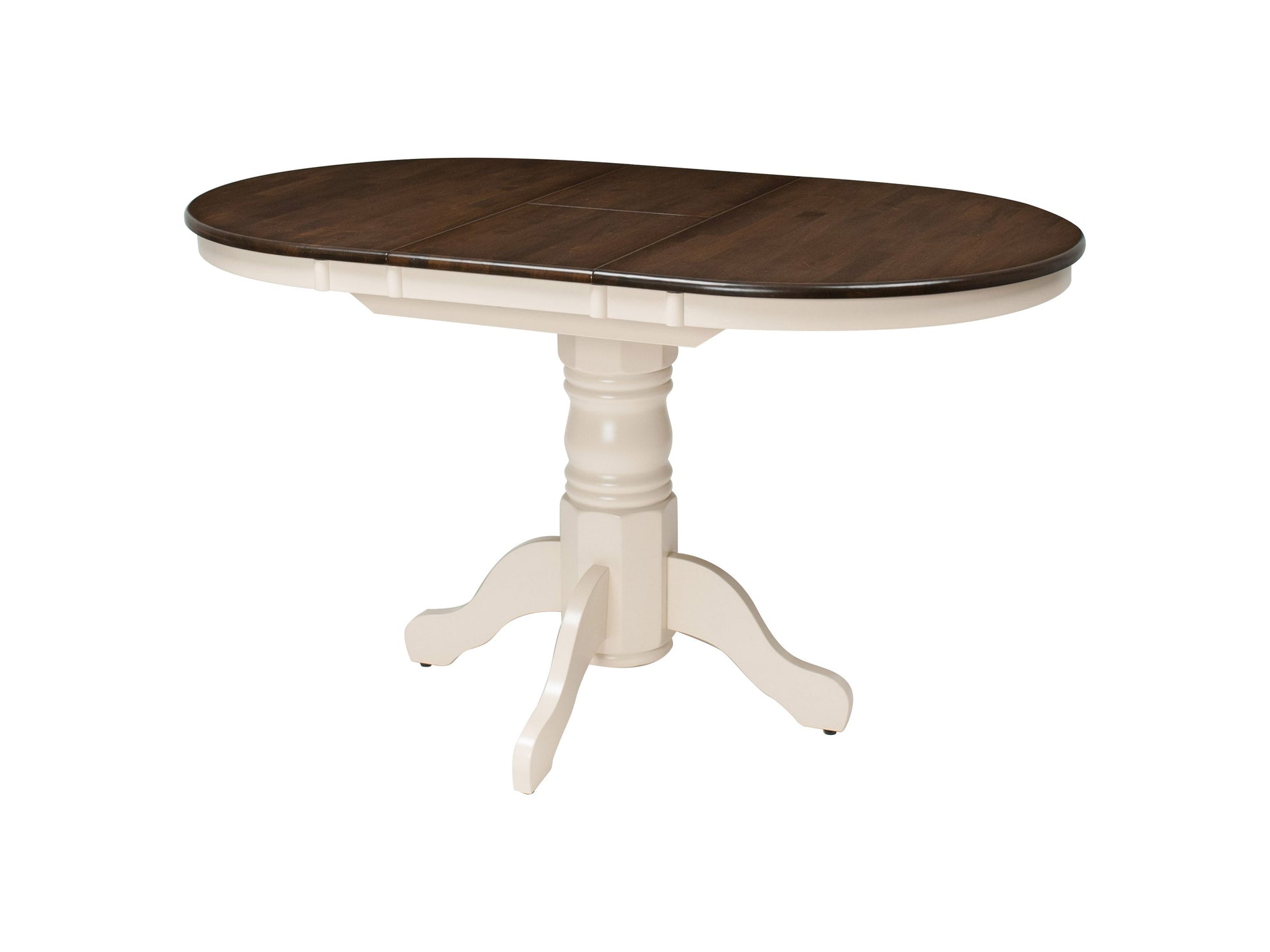 Alt Text:  
Dark brown oval extendable dining table with cream upholstered chairs, wooden legs, and smooth finish, perfect for modern dining rooms.