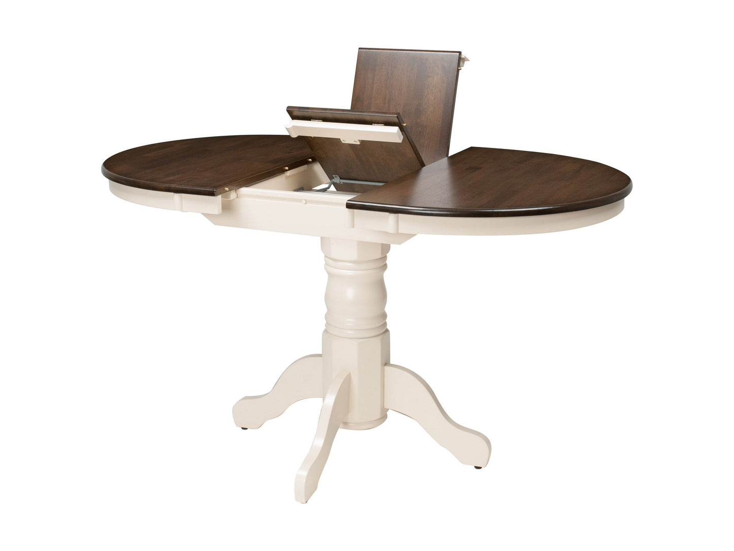 Alt Text:  
Dark brown oval extendable dining table with cream upholstered chairs, wooden legs, and smooth finish, perfect for modern dining rooms.