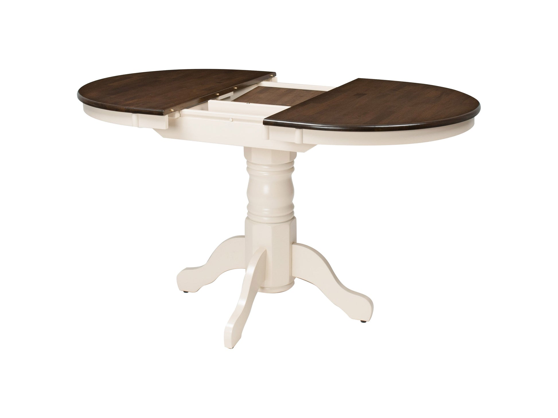 Alt Text:  
Dark brown oval extendable dining table with cream upholstered chairs, wooden legs, and smooth finish, perfect for modern dining rooms.